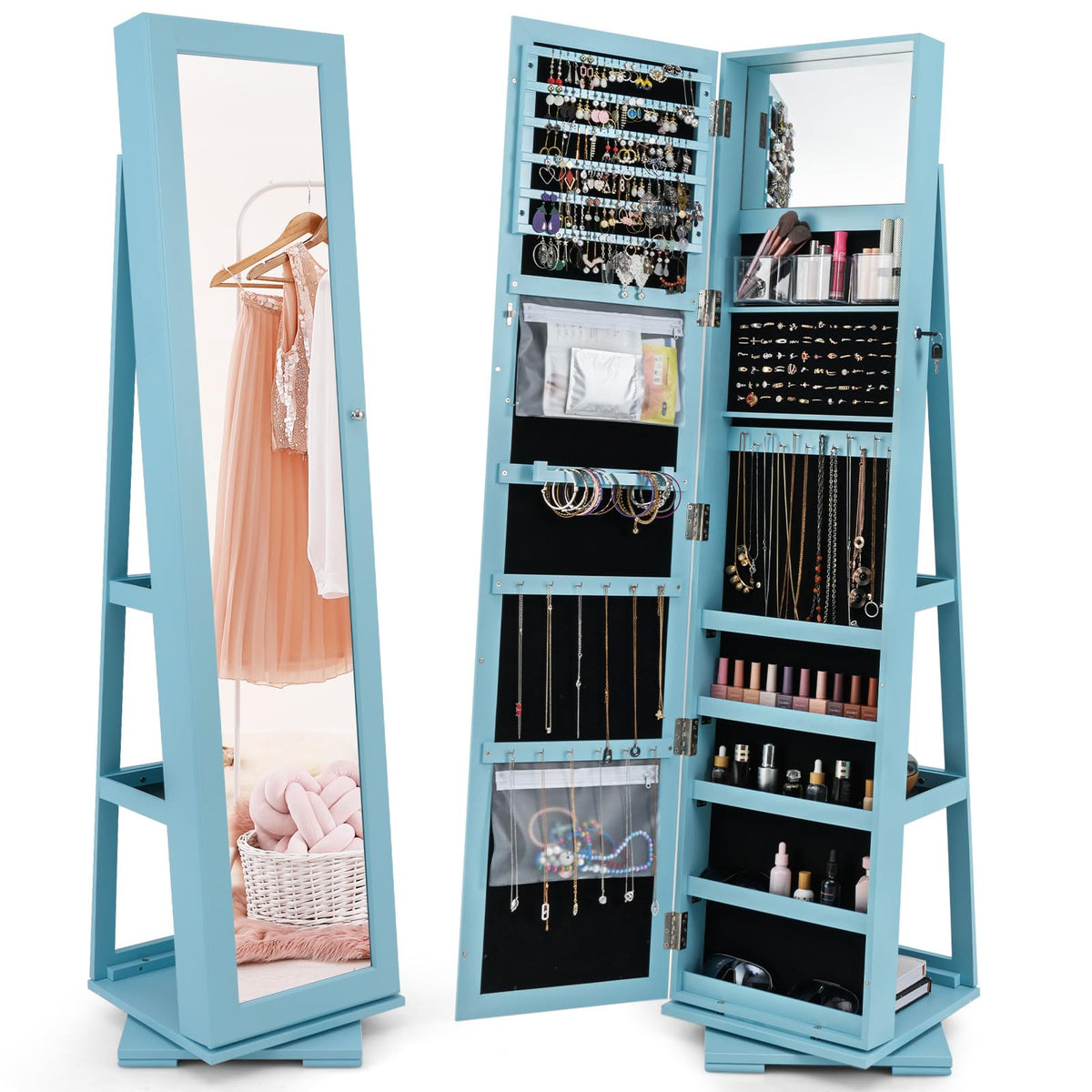 GOFLAME 360° Rotating Jewelry Armoire with Rear Storage Shelves