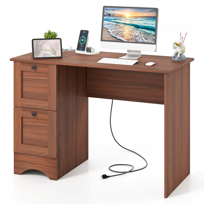 Goflame White Desk with 2 Drawers, 43” Wooden Home Office Desk with Charging Station