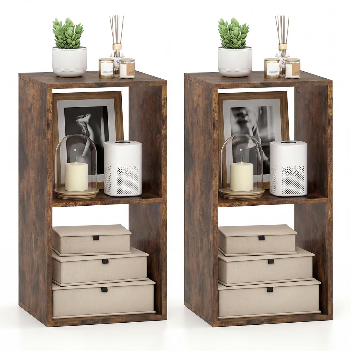 Goflame 2-Cube Bookcase, White Cubby Bookshelf w/Back Guardrail & Anti-Tipping Kits