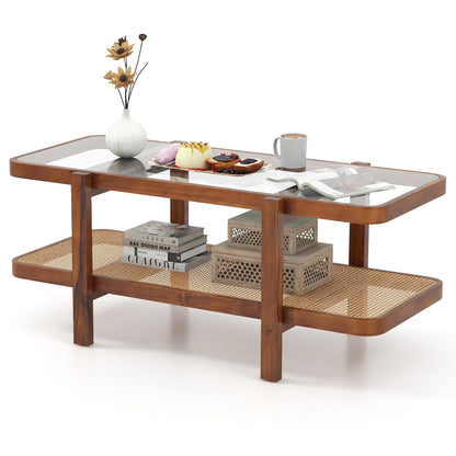 Goflame Rattan Coffee Table, 47.5" Rectangle Solid Wood Tea Table w/Tempered Glass Tabletop