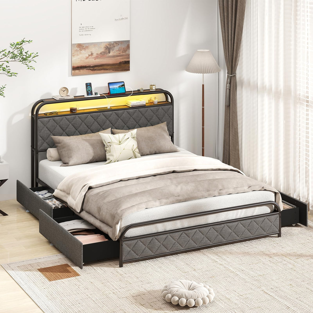 Goflame Queen/Full/Twin Size Bed Frame with 4 Storage Drawers and Charging Station