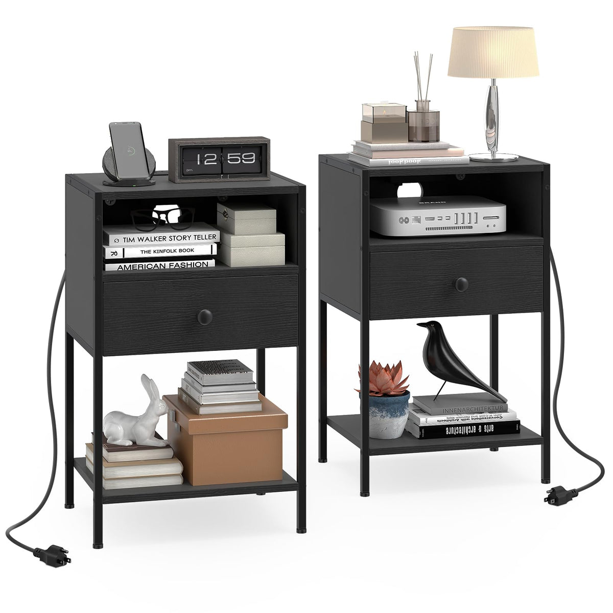 Goflame Night Stand with Charging Station for Bedroom Small Spaces