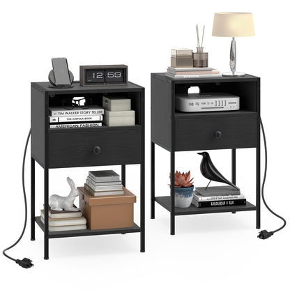 Goflame Night Stand with Charging Station for Bedroom Small Spaces