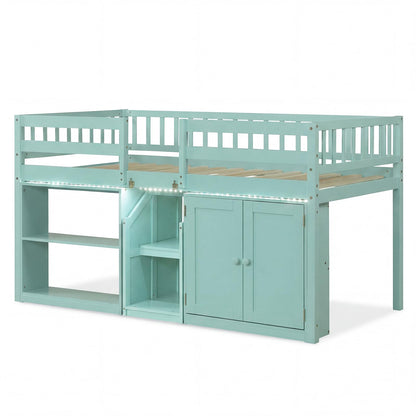 Goflame Low Loft Bed Twin Size with LED Lights, Wooden Bed Frame