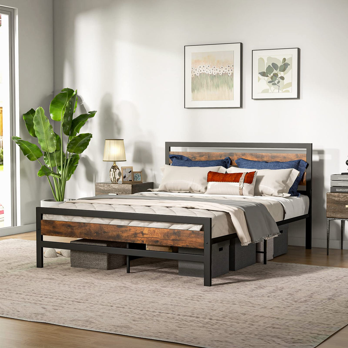 Goflame Queen Metal Platform Bed Frame with Wooden Headboard & Footboard, Rustic Brown