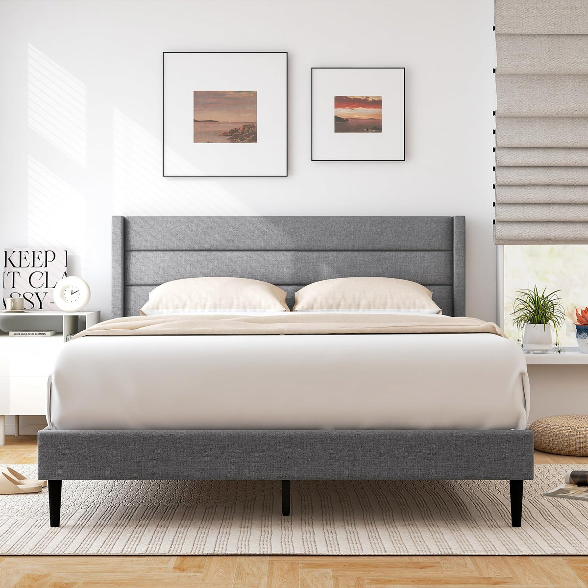 Goflame Queen/Twin Size Bed Frame, Modern Linen Upholstered Platform Bed with Wingback Headboard