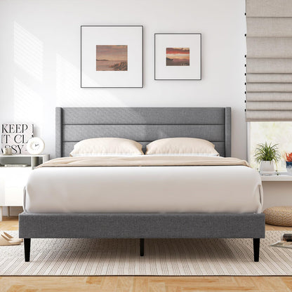 Goflame Queen/Twin Size Bed Frame, Modern Linen Upholstered Platform Bed with Wingback Headboard