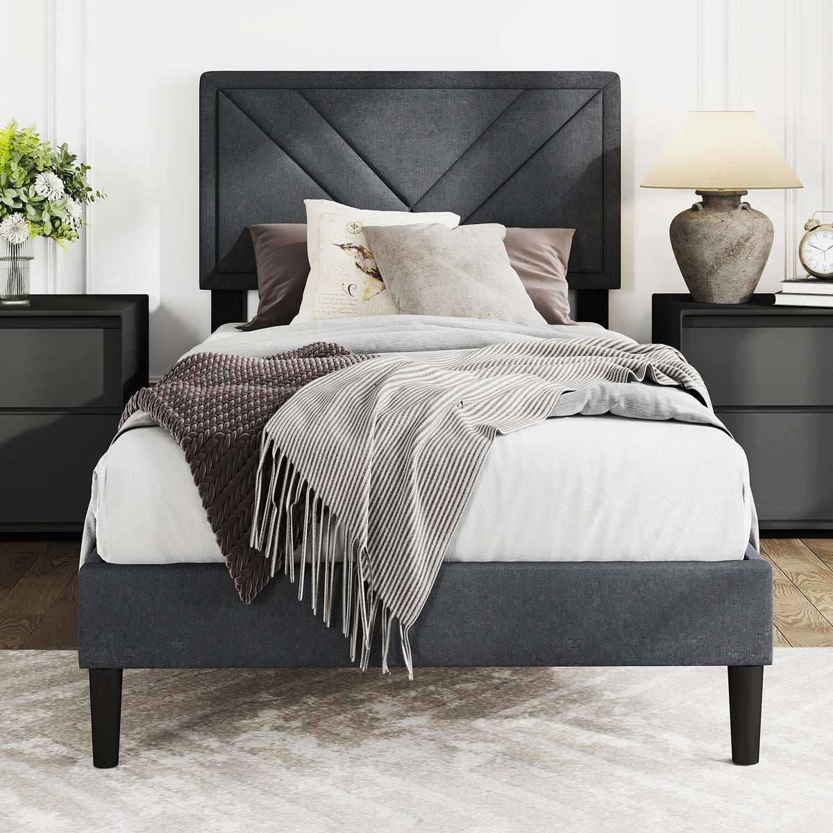 Queen/Full/Twin Size Upholstered Platform Bed Frame with Diagonal Channel Tufted Headboard