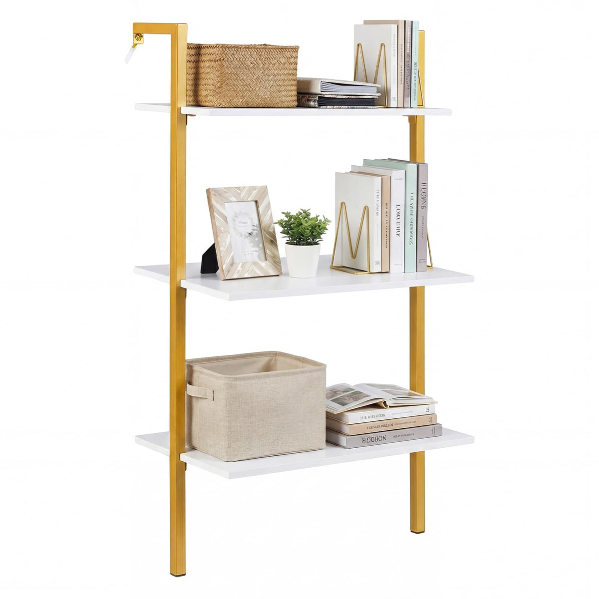 Goflame Ladder Shelf | 3-Tier Wood Wall Mounted Bookshelf with Metal Frame (1/2)