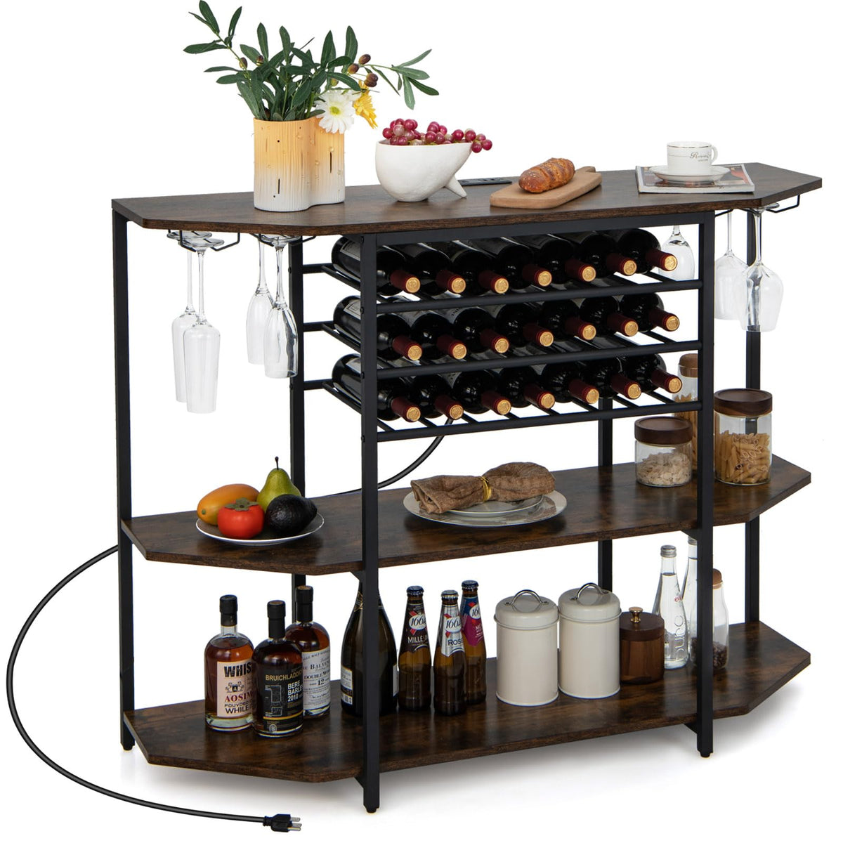 Goflame Wine Bar Cabinet with Power Outlet, Mini Coffee Bar Stand Table with 21 Bottle Wine Rack & Glass Holders