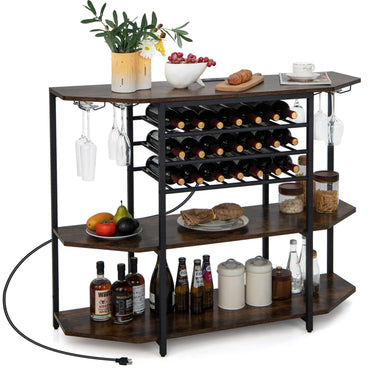 Goflame Wine Bar Cabinet with Power Outlet, Mini Coffee Bar Stand Table with 21 Bottle Wine Rack & Glass Holders