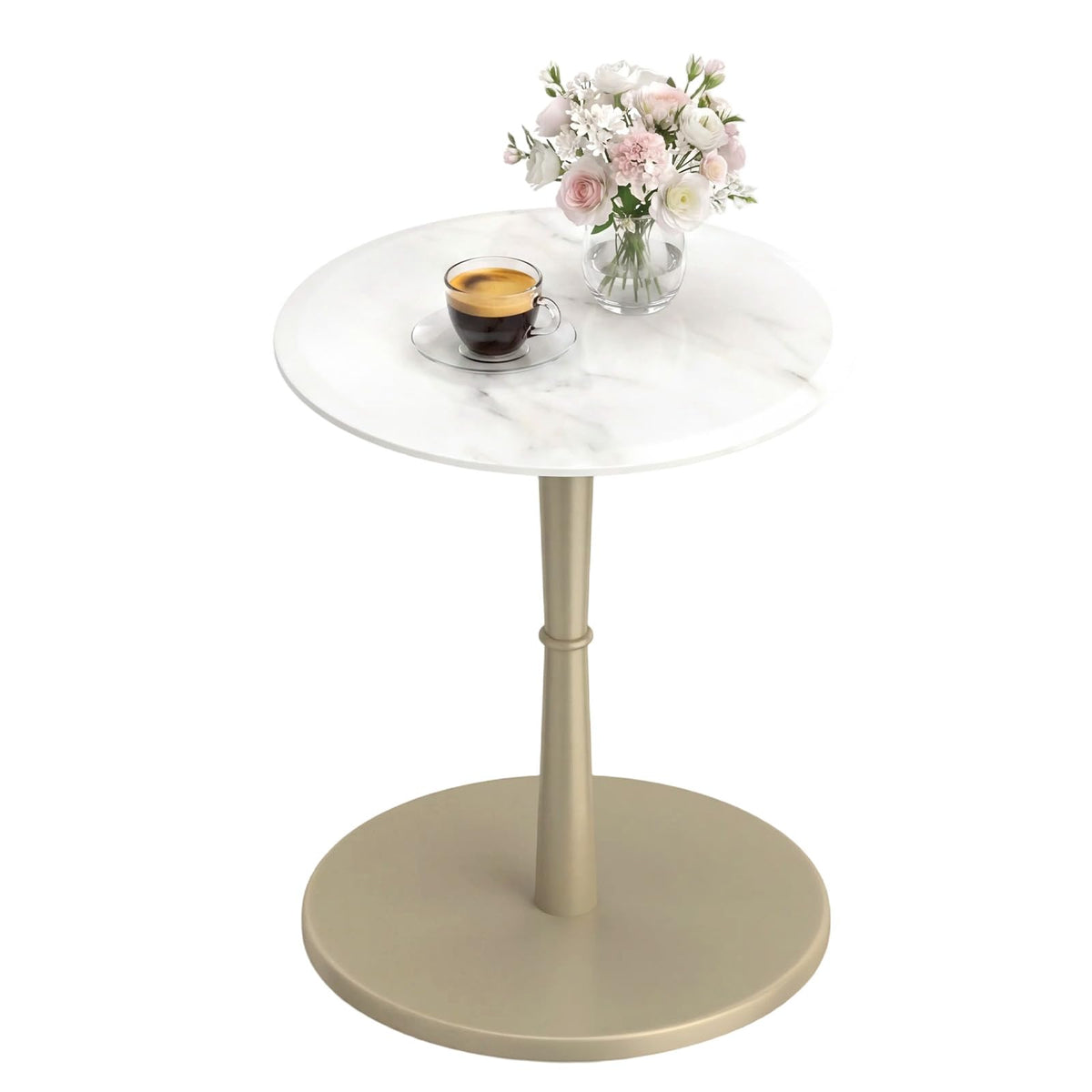 Goflame Round Marble Side Table w/Stone Finish & Wooden Pedestal (1/2)