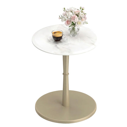 Goflame Round Marble Side Table w/Stone Finish & Wooden Pedestal (1/2)