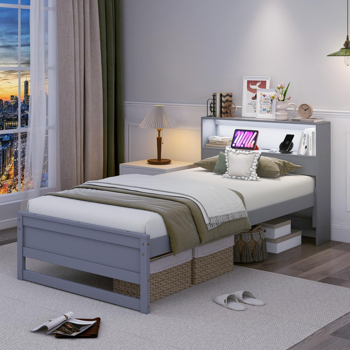 Goflame Twin Bed Frames with Storage Headboard, Wood Platform Bed with Charging Station & LED Light