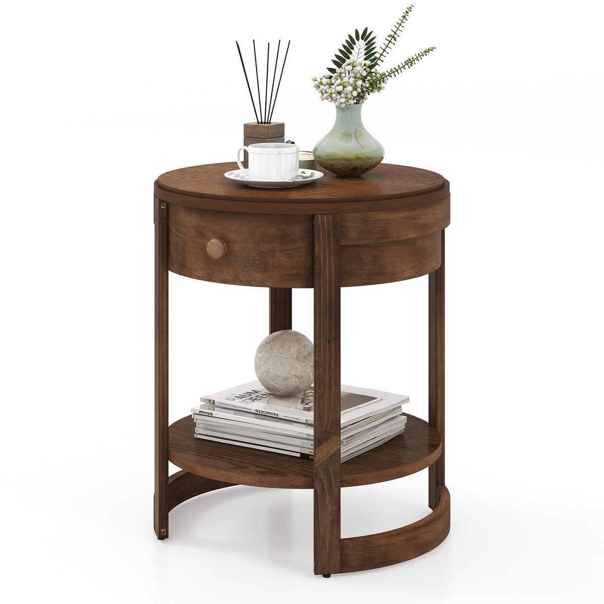 Goflame Round Side Tables Set of 1/2 | 2-Tier Retro End Tables with Drawer & Shelf
