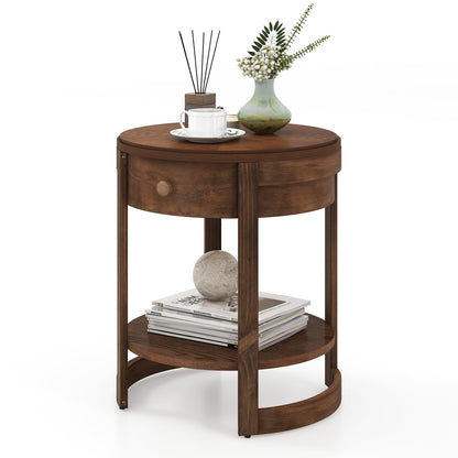 Goflame Round Side Tables Set of 1/2 | 2-Tier Retro End Tables with Drawer & Shelf