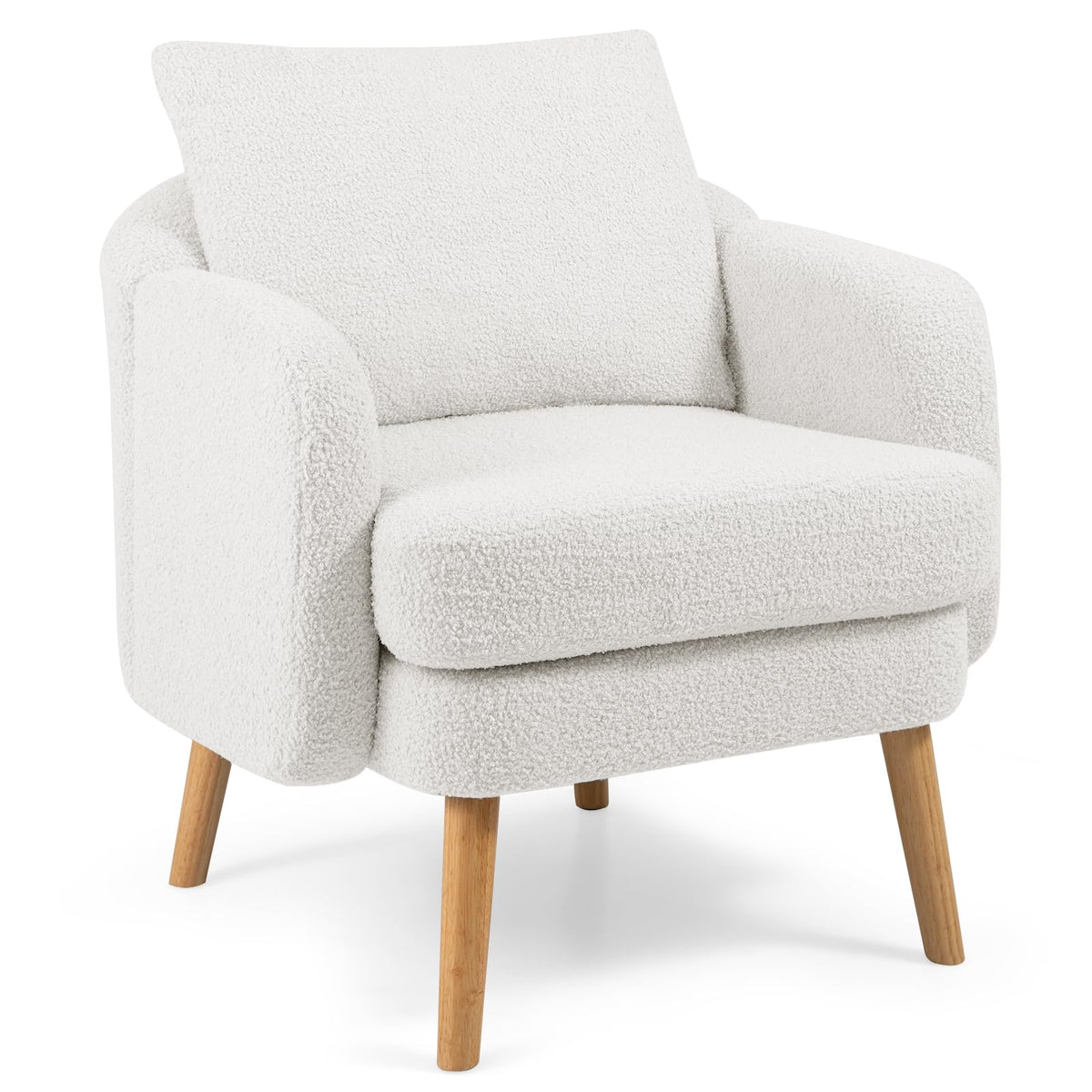 Goflame Sherpa Accent Chair, Modern Upholstered Single Sofa Chair with Back Pillow & Solid Rubber Wood Legs