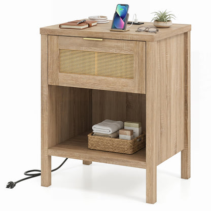 Goflame Rattan Night Stand with Drawer and Open Shelf (1/2)