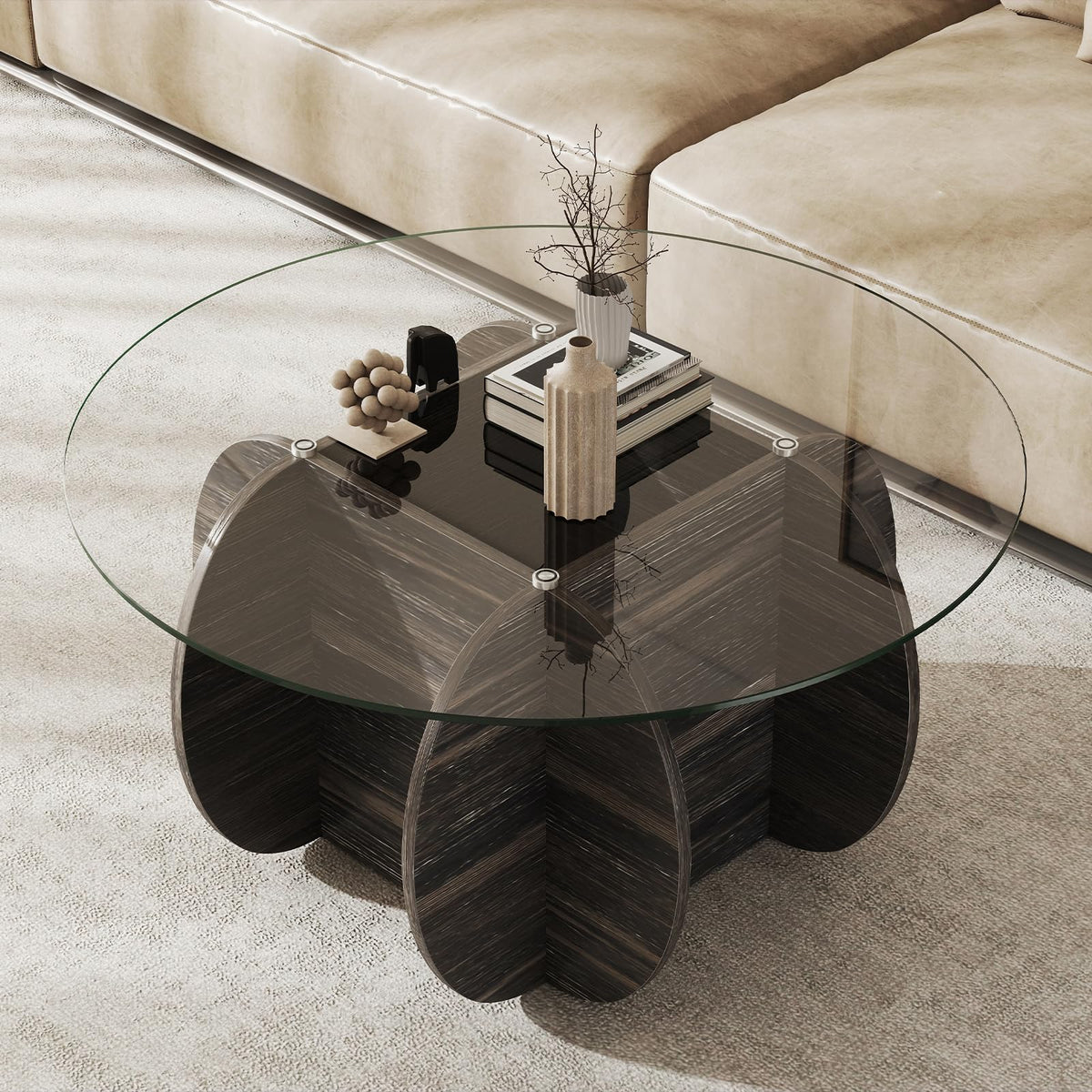 Goflame 35" Glass Round Coffee Table with Storage Tempered Glass Top & Solid Wood Base