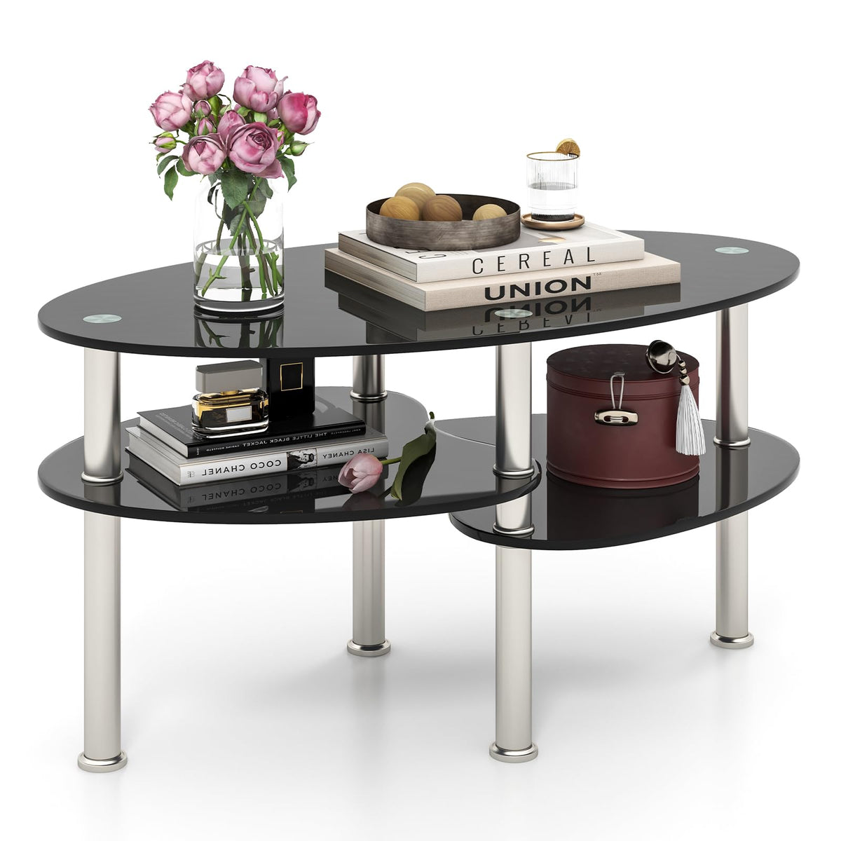 Goflame Oval Glass Coffee Table - 3-Tier Transparent Tempered Glass Center Table with Metal Stand, 35"× 20" ×18"