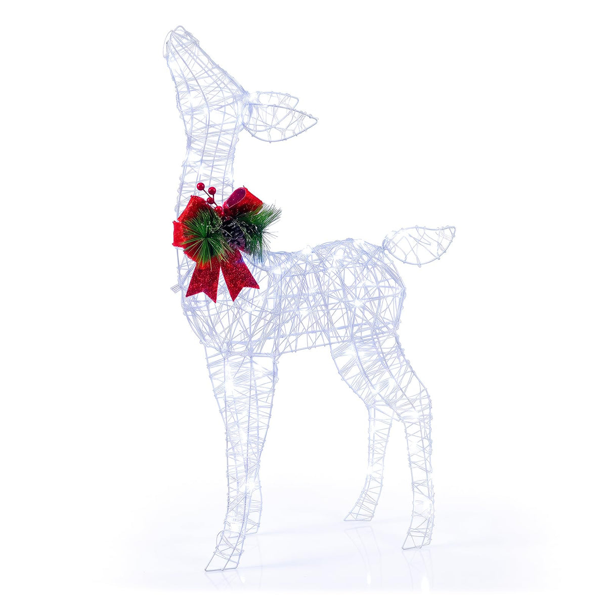 Goflame Christmas Pre-Lit Reindeer | 50 Cold White LED Lights & Red Bow Stakes & Zip Ties Included