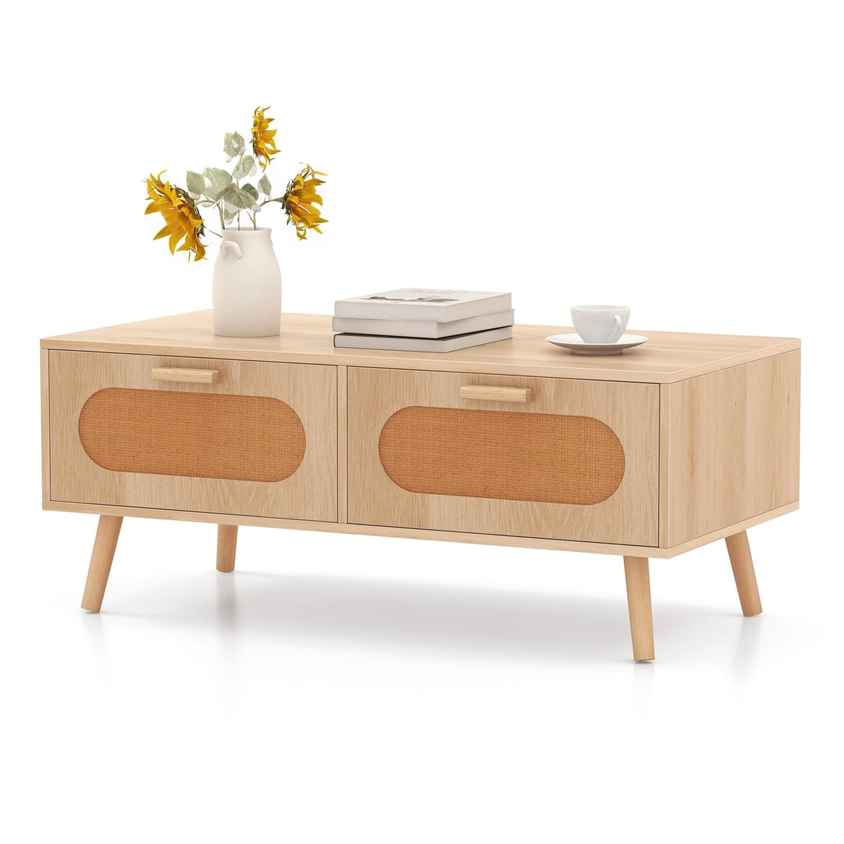 Goflame Rattan Coffee Table, Mid Century Modern Center Table with 2 Storage Drawers & Back Compartment