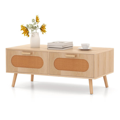 Goflame Rattan Coffee Table, Mid Century Modern Center Table with 2 Storage Drawers & Back Compartment
