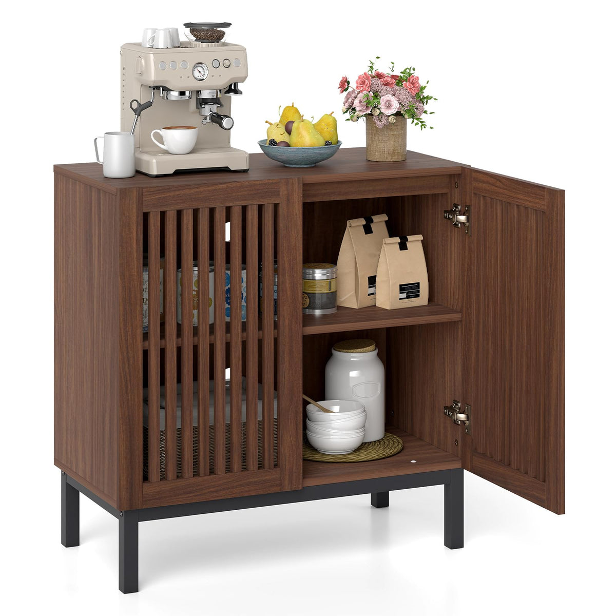 Goflame Sideboard Buffet Cabinet | 32" Farmhouse Coffee Bar with Slatted Doors