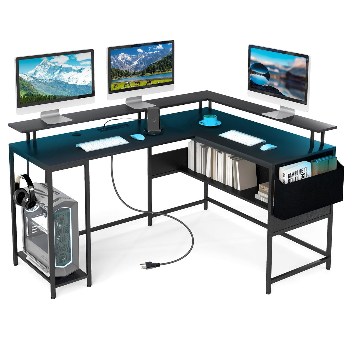 Goflame L Shaped Desk with LED Light & Power Outlets Ergonomic Home Office Desk