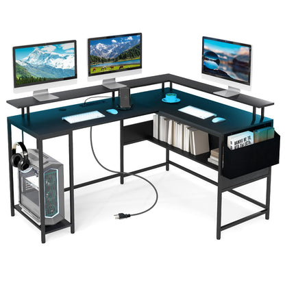 Goflame L Shaped Desk with LED Light & Power Outlets Ergonomic Home Office Desk