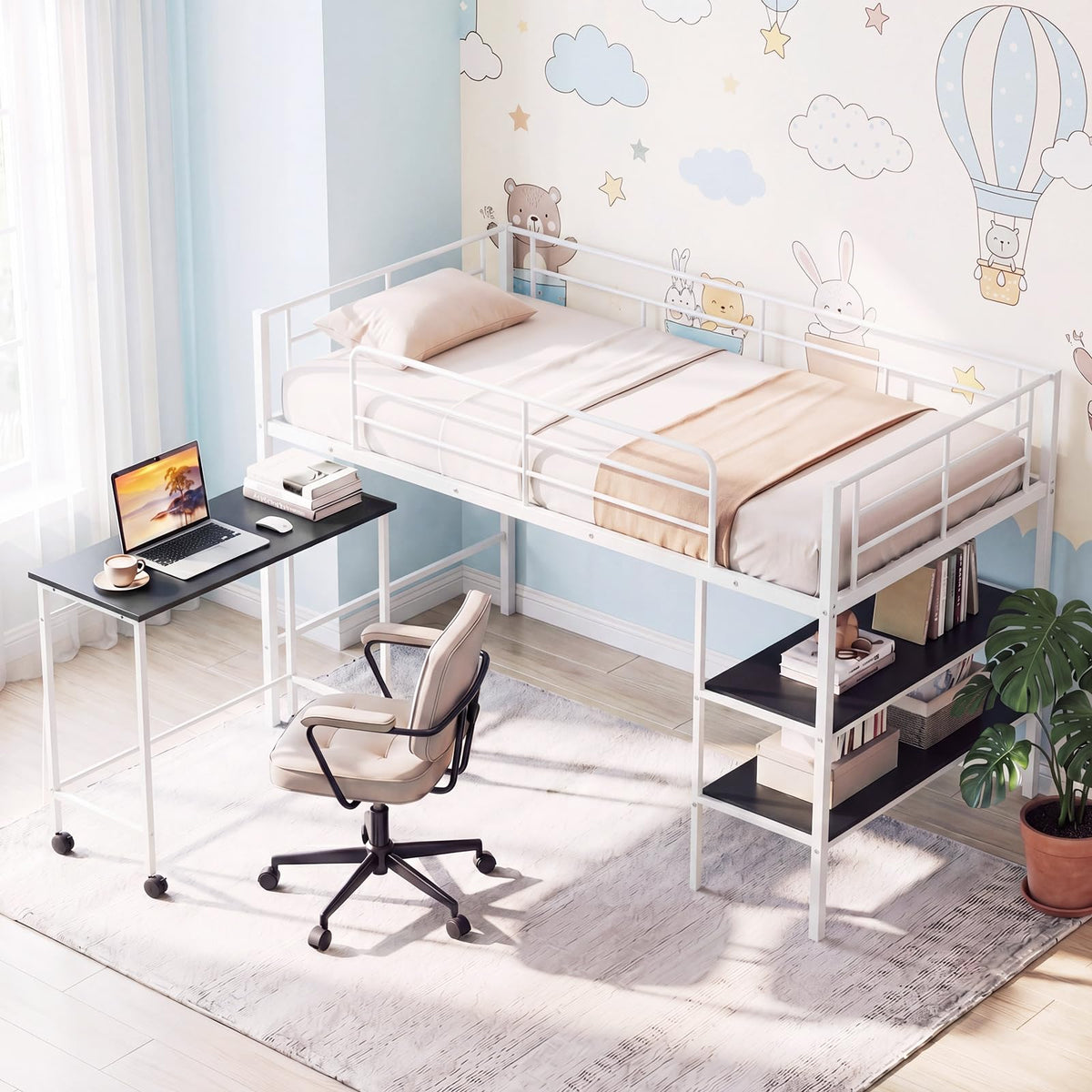 Goflame Low Loft Twin Size Bed with Desk & Bookshelf
