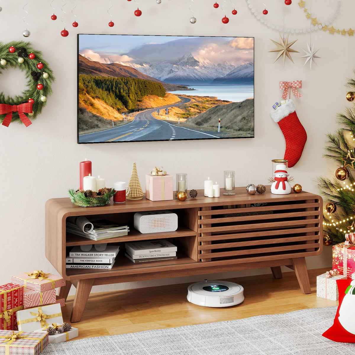 Goflame TV Stand for TVs up to 55" with Sliding Door and Adjustable Shelves for Living Room