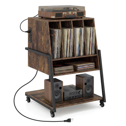 Goflame Record Player Stand on Wheels | 3-Tier Turntable Stand with Charging Station
