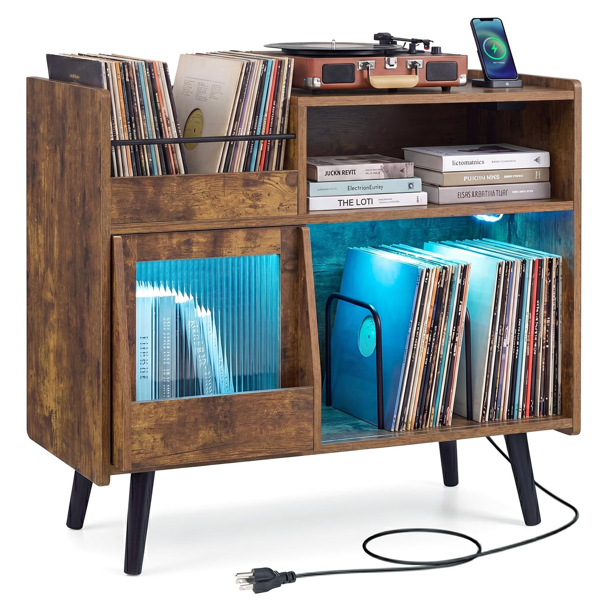 Goflame Large Record Player Stand with LED Light& Sliding Door