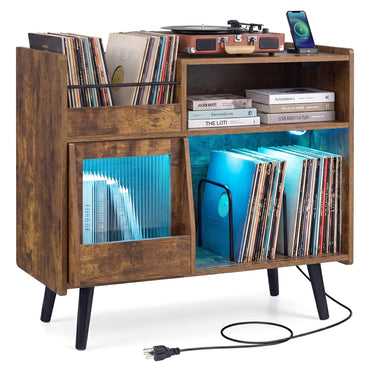 Goflame Large Record Player Stand with LED Light& Sliding Door