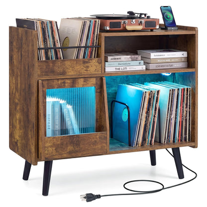 Goflame Large Record Player Stand with LED Light& Sliding Door