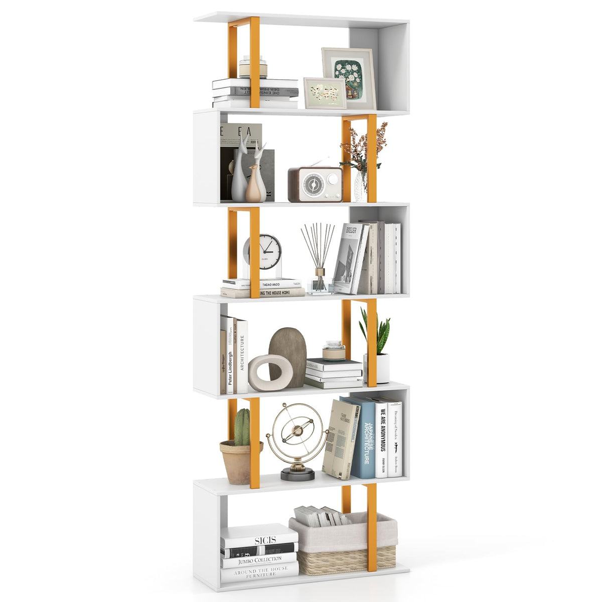 Goflame 6-Tier Modern S-Shaped Bookshelf with Anti-Tipping Kits