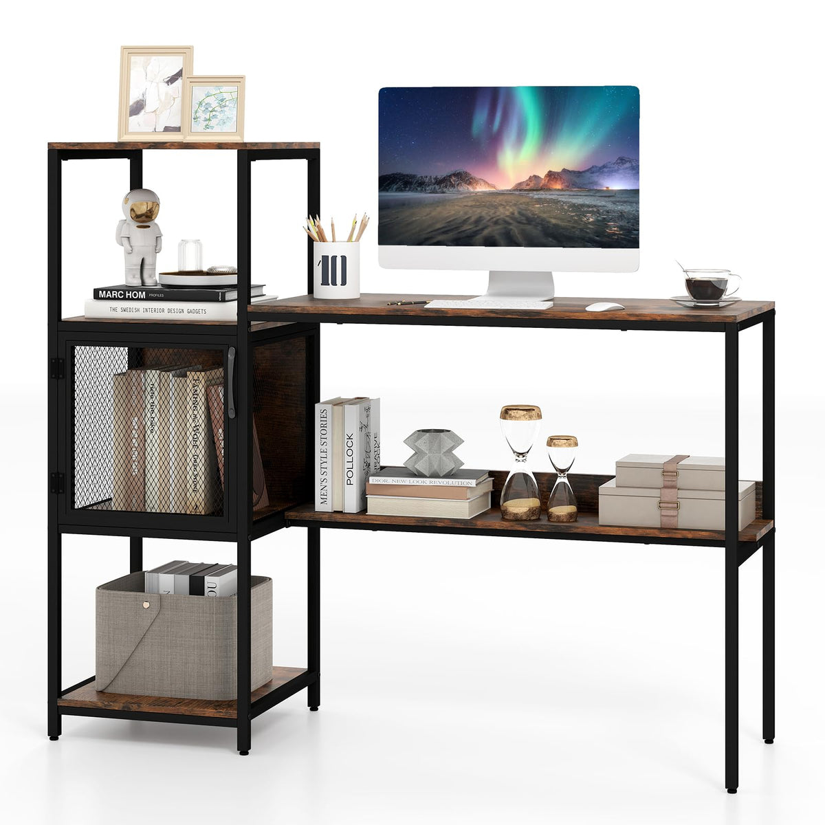 Goflame Modern Computer Workstation Home Office Desk with Storage Cabinet and Shelves