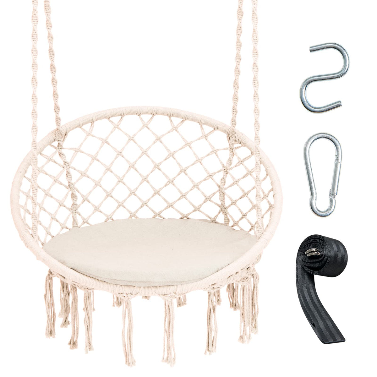 Hammock Chair Macrame Swing, Beige - Goflame