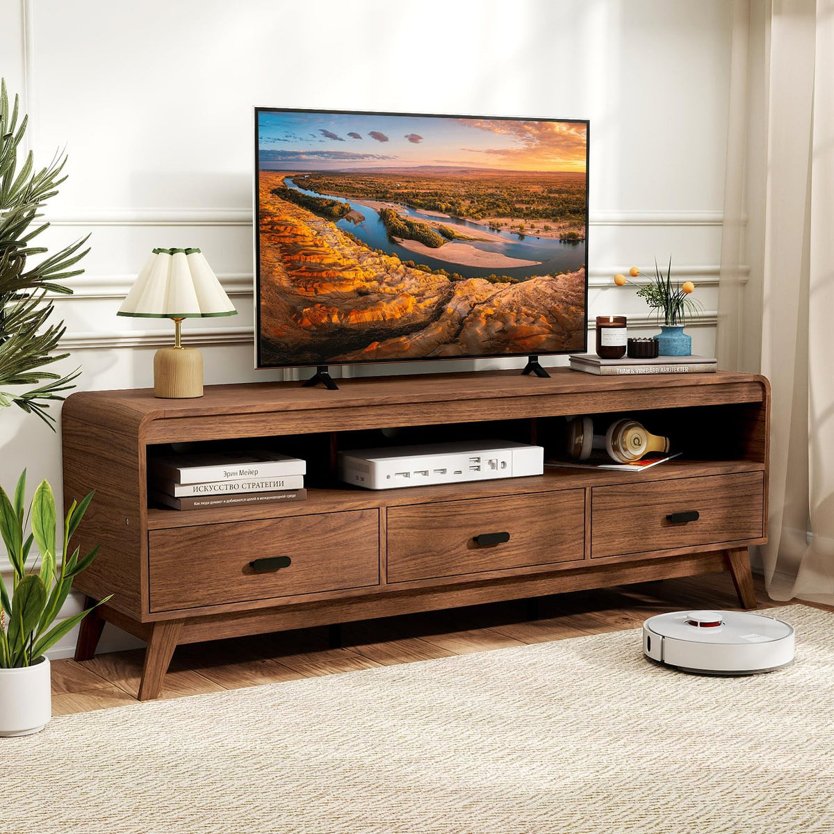Goflame TV Stand for 60-70 Inch TV Mid-Century Modern Entertainment Center with 3 Storage Drawers