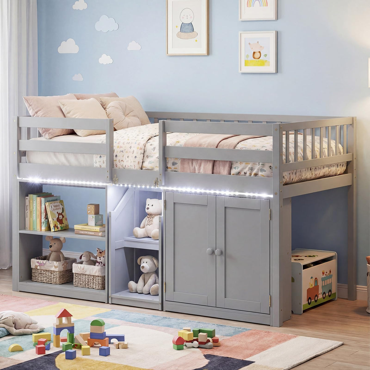Goflame Low Loft Bed Twin Size with LED Lights, Wooden Bed Frame