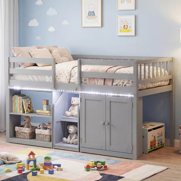 Goflame Low Loft Bed Twin Size with LED Lights, Wooden Bed Frame