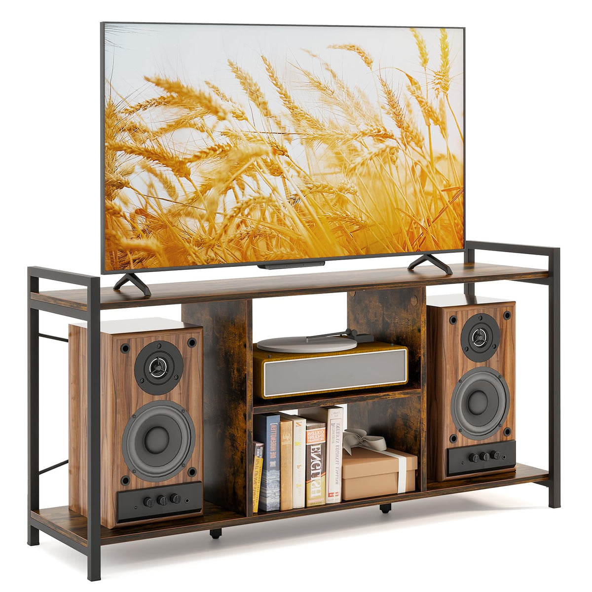 Goflame TV Stand for TVs up to 55", 3-Tier Entertainment Center with Open Storage Shelves, Side Guardrails & Metal Frame