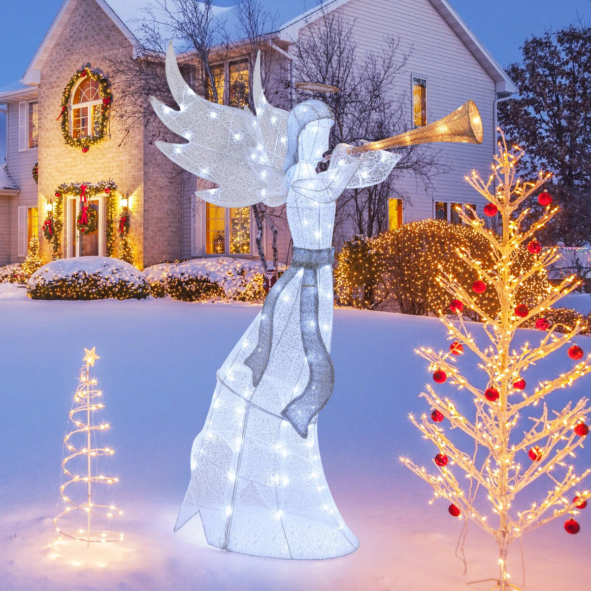 Goflame 5 FT Lighted Trumpeting Angel, Light-up Christmas Angel with LED Lights