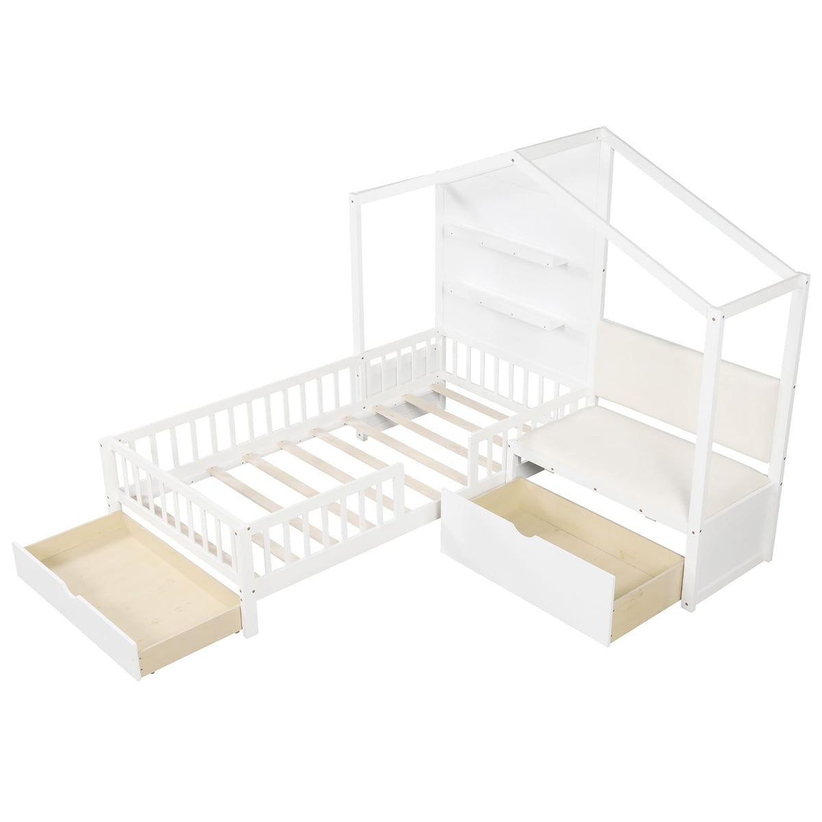 Goflame Twin House Bed for Kids, Wooden Kids Twin Bed Frame with Padded Bench