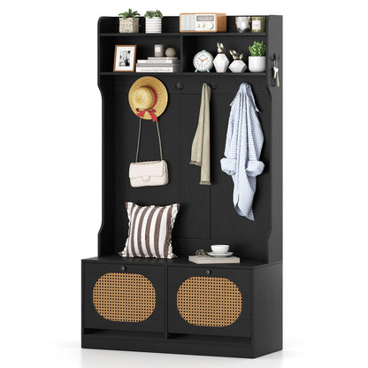 Goflame 4-In-1 Hall Tree Entryway Bench with Coat Rack & Flip Drawers