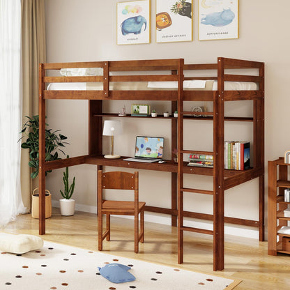 Goflame Twin Loft Bed with Desk and Bookshelf, Wooden Bed Frame with Safety Guardrail & Ladder