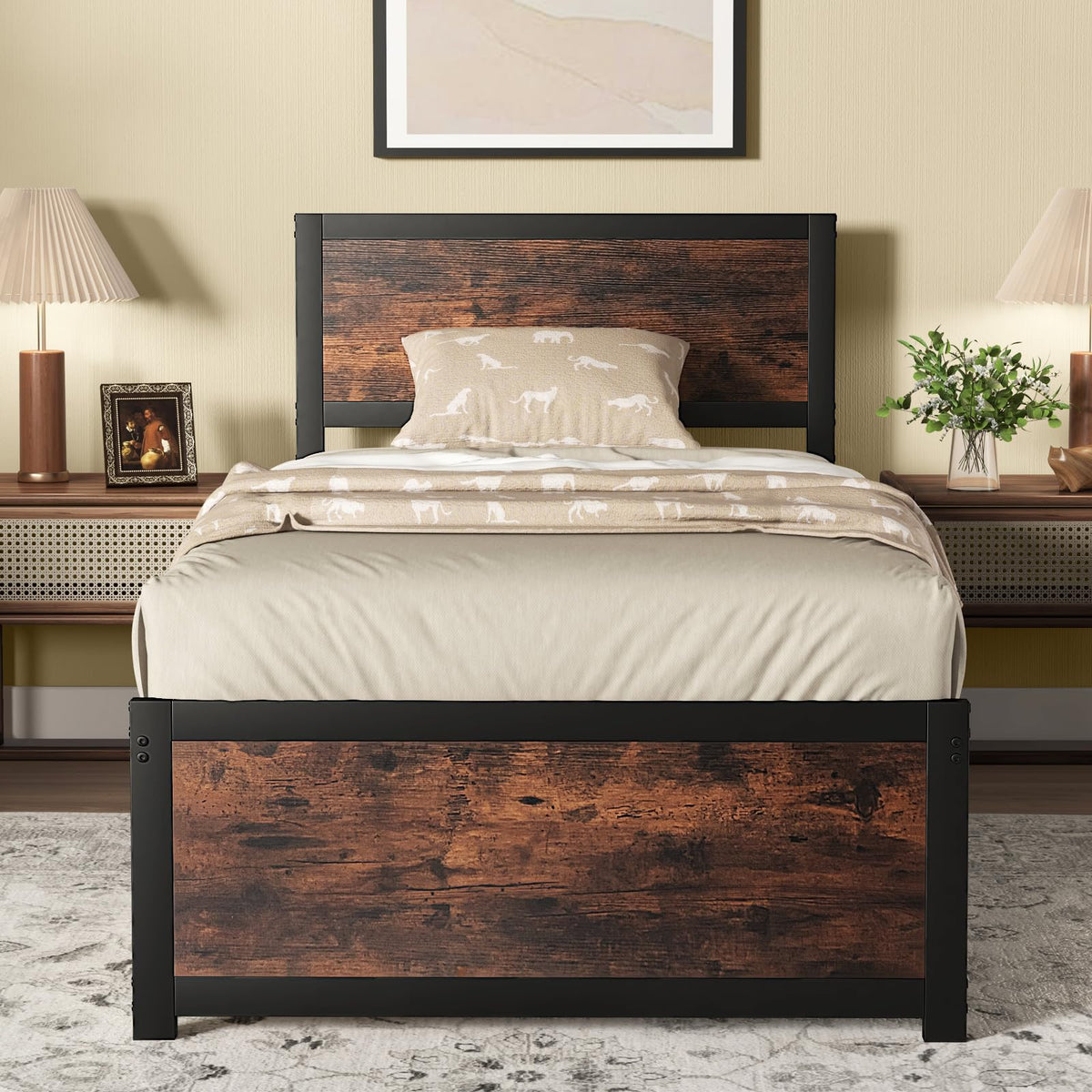 Goflame Twin Bed Frames for Kids, Industrial Metal Platform Bed with Headboard