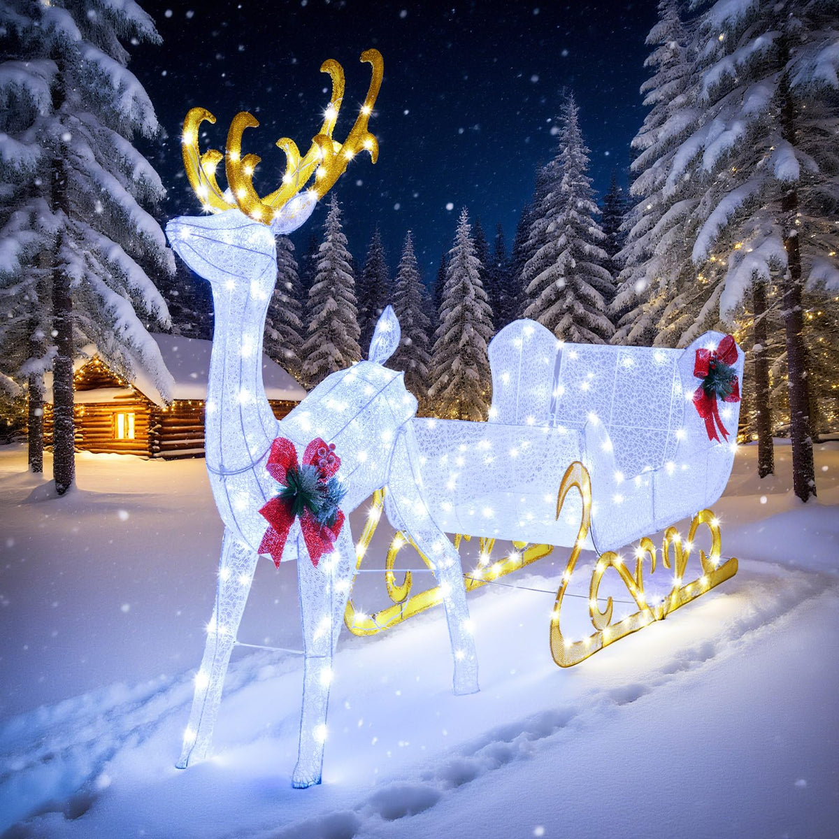 Goflame Lighted Christmas Reindeer and Sleigh w/ 215 LED Lights