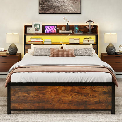 Goflame Metal Platform Bed Frame with Storage Headboard